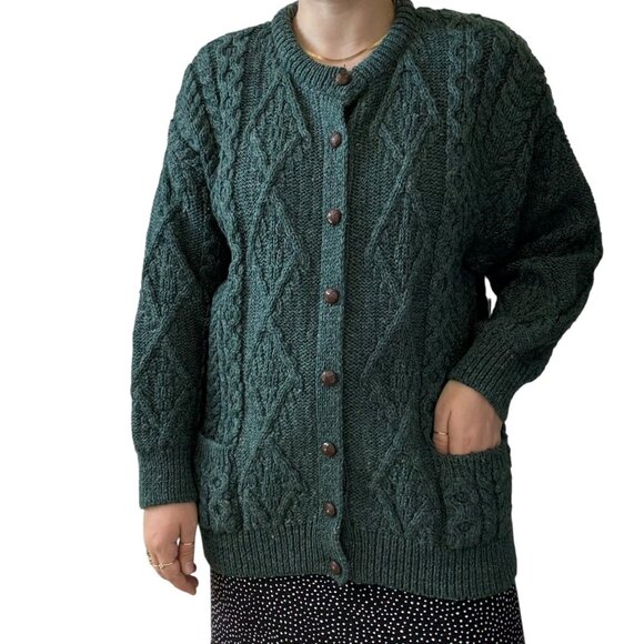 Vintage Womens Emerald Green 100% Wool Irish Fisherman Chunky Cardigan Sz M - Picture 2 of 7